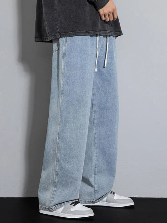 Dragging Streetwear Loose Jeans Men Korean Style Fashion Loose Straight Wide Leg Pant Men's Brand Clothing Black Light Blue Grey