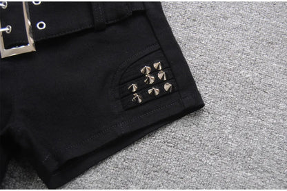 Denim Shorts Women Low-waisted Black Slim Fit Sexy Hot Girls Rivet Belt Design Unique All-match Nightclub Bodycon Summer Y2k