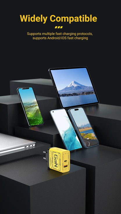 EU/US Plug PD65W GaN Fast Charger with Type-C and USB-A Interface Universal Dual Port Wall Charger Plug for Phones/Pads/Laptops