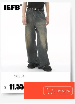 IEFB High Street Men's Jeans Casual Washed Whiskers Solid Color Loose Trendy Straight Wide Leg Male Denim Pants Autumn 9C7862