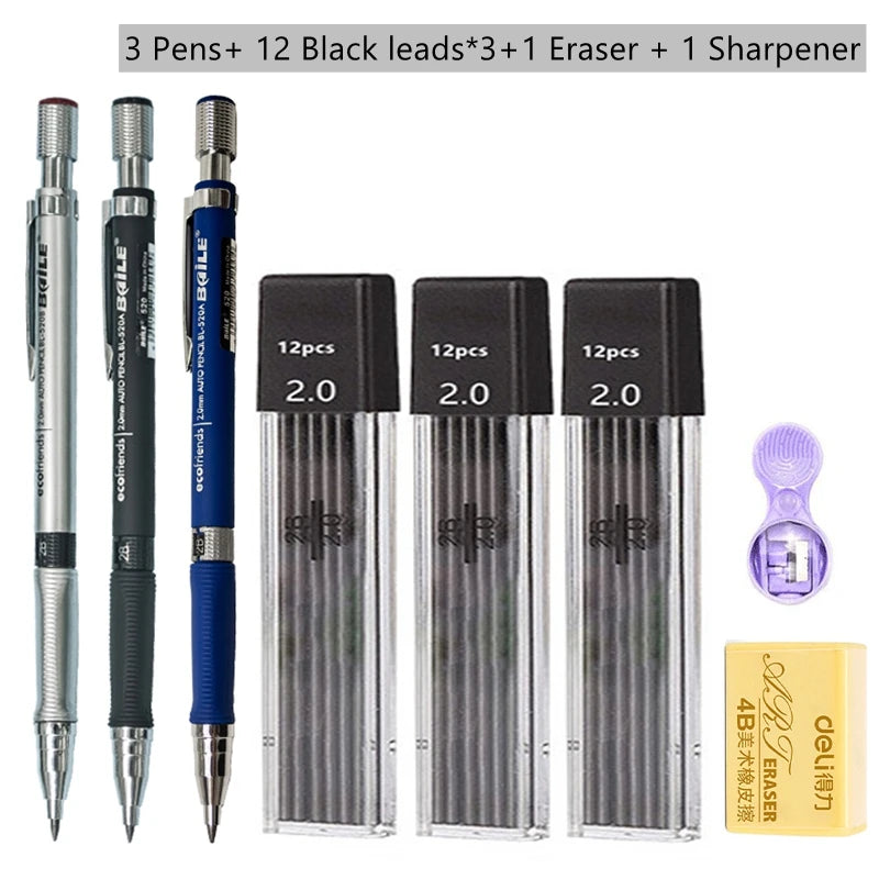 Mechanical Pencil Set 2.0 mm with 2B Black/Colors Lead Refill For Writing Sketching Art Drawing Painting School Automatic Pencil