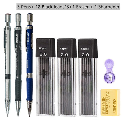 Mechanical Pencil Set 2.0 mm with 2B Black/Colors Lead Refill For Writing Sketching Art Drawing Painting School Automatic Pencil