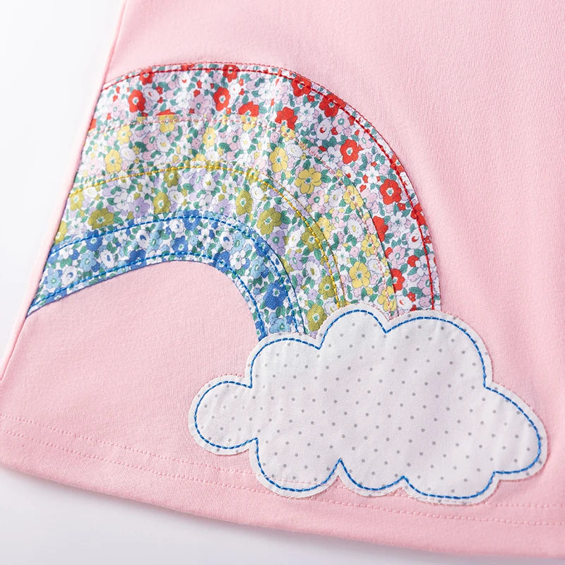 Kids Clothes Baby Girls 2025 New Summer Children's Clothing Cotton Appliques Cartoon Sun Rainbow Pink Dresses Holiday Gifts