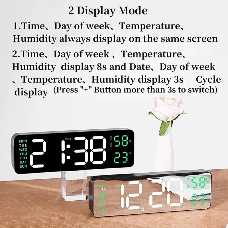 9 Inch Large Digital Wall Clock USB Powered TEMP Humidity Week Auto Dimmer DST Table Clock 12/24H Electronic LED Alarm Clock
