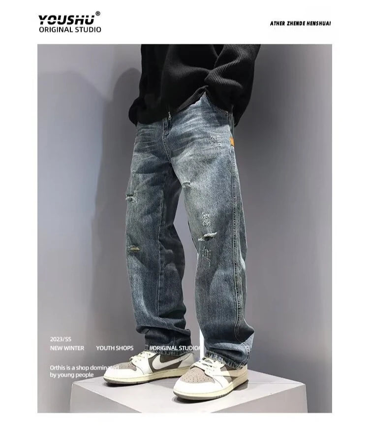 New Men's Ripped Jeans Baggy Straight Fashion Vintage Blue Denim Pants Personality Streetwear Hip Hop High Quality Male Trousers