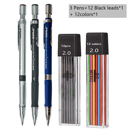 Mechanical Pencil Set 2.0 mm with 2B Black/Colors Lead Refill For Writing Sketching Art Drawing Painting School Automatic Pencil