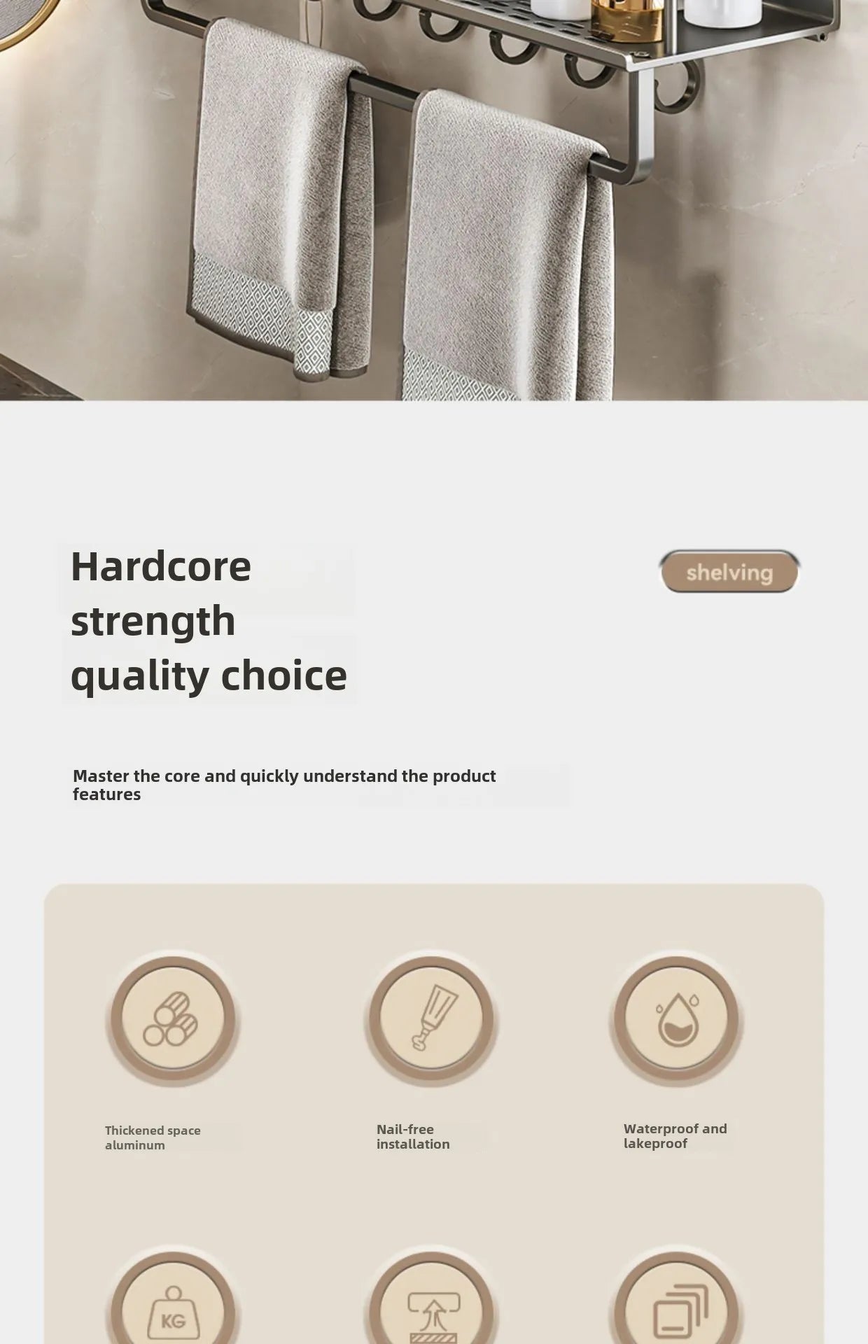 Bathroom storage rack, non perforated washbasin, hand washing and shower area, shower gel wall storage rack