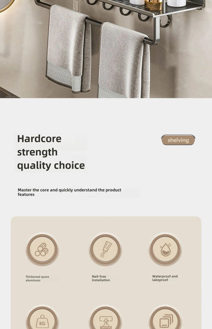 Bathroom storage rack, non perforated washbasin, hand washing and shower area, shower gel wall storage rack