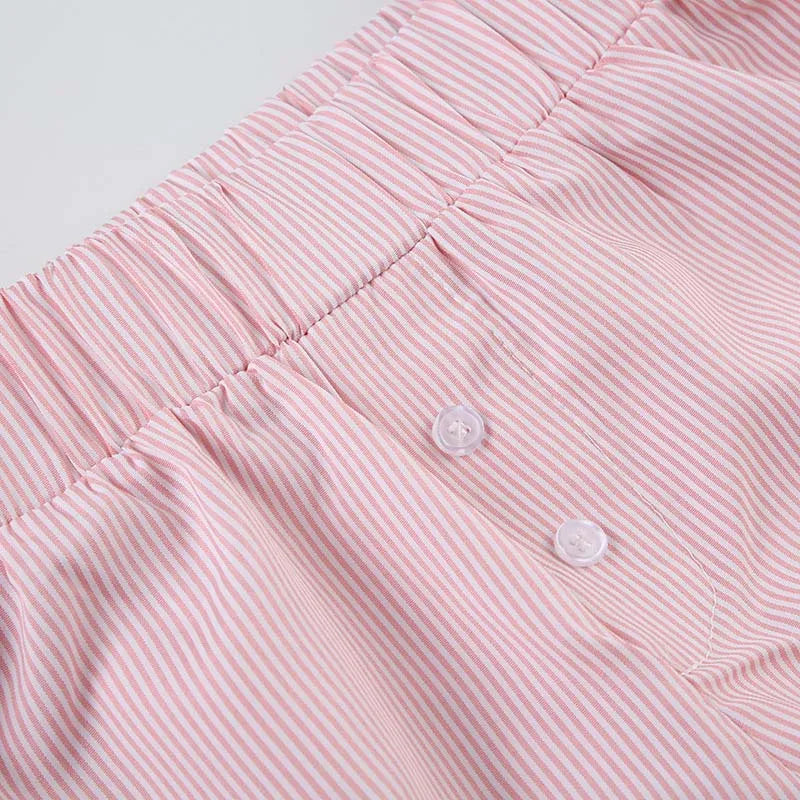 Women's Striped Print Casual Elastic Waist Shorts Y2K Loose Fit Summer Streetwear Chic Basic Fashion Button Detail