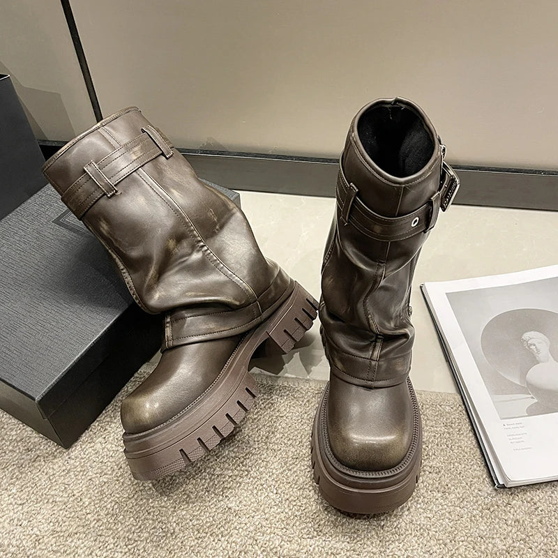 2023 New Shoes for Women Belt Buckle Women's Boots Fashion Side Zipp Modern Boots Women High Quality Round Toe Mid-Calf Zapatos