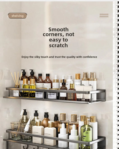 Bathroom storage rack, non perforated washbasin, hand washing and shower area, shower gel wall storage rack