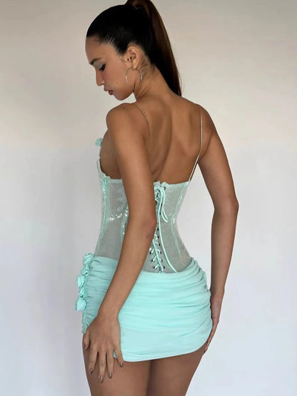 Sequin Sparkly Sexy Mini Dress Sleeveless Backless Tie Up Flower Ruched Prom Dresses Cocktail Evening Gown Wedding Guest Dress