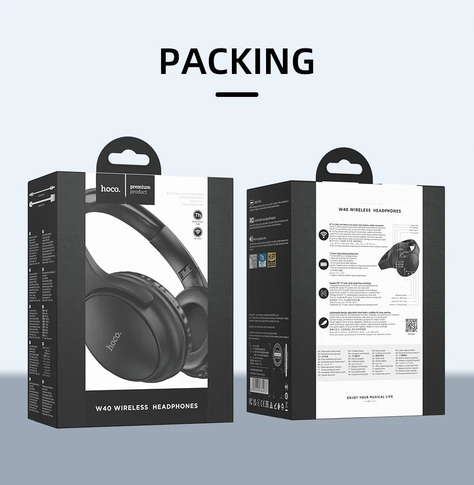 HOCO W40 Bluetooth 5.3 Wireless Headphone Music Headset 40mm Drivers Hands-Free Earphones Support AUX TF HiFi Sport Headphone