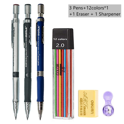 Mechanical Pencil Set 2.0 mm with 2B Black/Colors Lead Refill For Writing Sketching Art Drawing Painting School Automatic Pencil