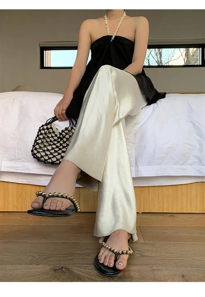 Satin Wide Leg Pants Long Floor Casual Pants Women's Summer