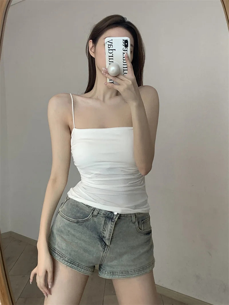 Women's Sleeveless Pleated Slim Fit Vest Sexy Hot Girl Short Top With Thin Shoulder Straps Solid Color Simple Fashion Vest