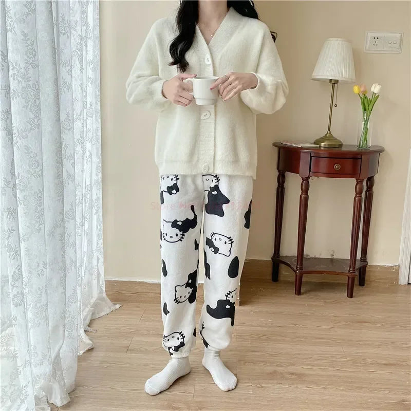 2024 Sanrio Hello Kitty Pajamas Halloween Flannel Fashion Trouserswomen Kawaii Woolen Anime Cartoon Casual Home Pants Autumn
