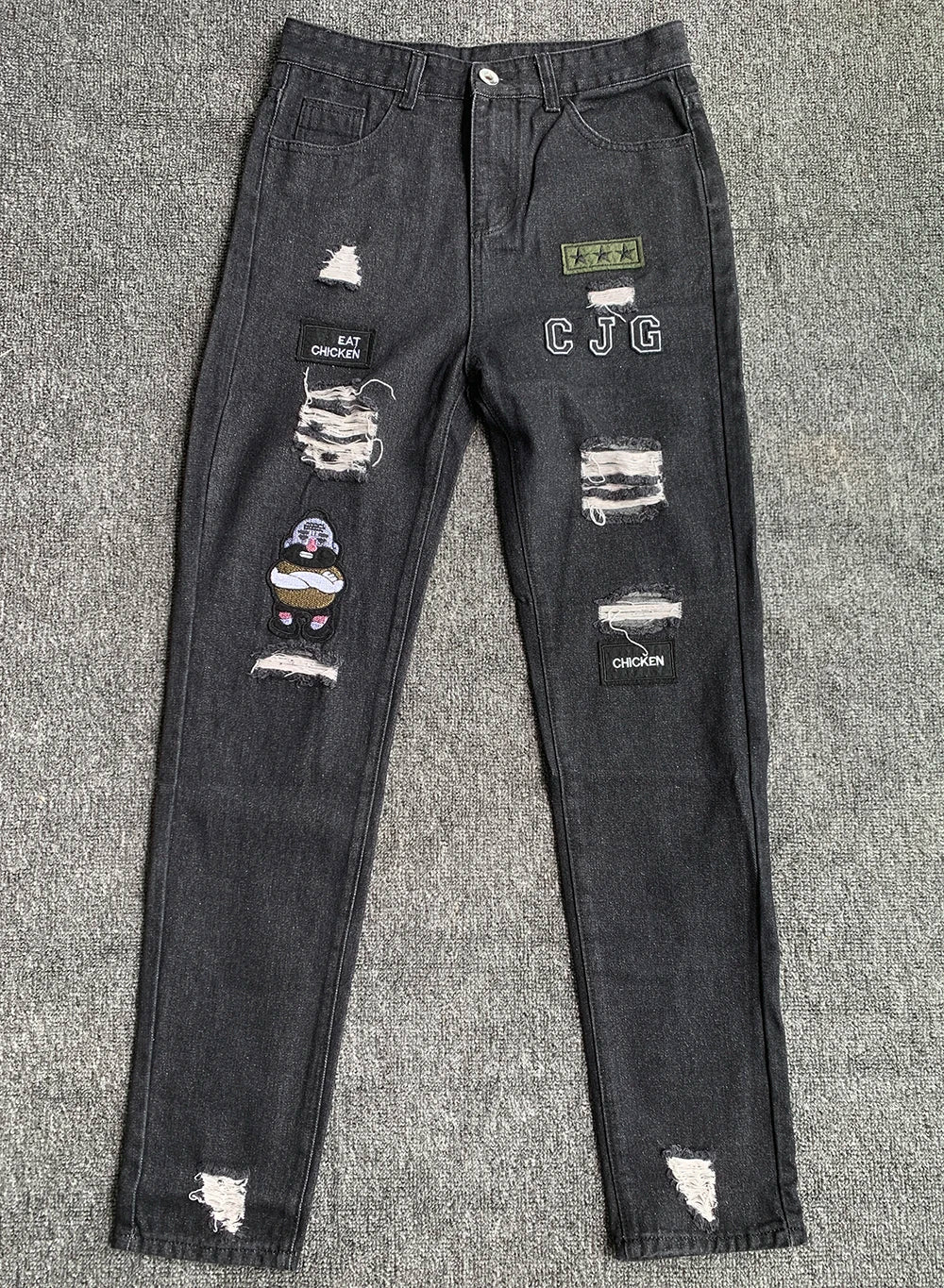 White Embroidery Skinny Ripped Jeans Men Cotton Stretchy Hole Slim Fit Hip Hop Denim Pants Casual Jeans for Men Jogging Trousers