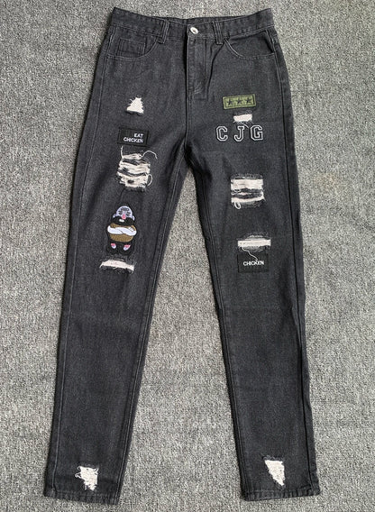 White Embroidery Skinny Ripped Jeans Men Cotton Stretchy Hole Slim Fit Hip Hop Denim Pants Casual Jeans for Men Jogging Trousers