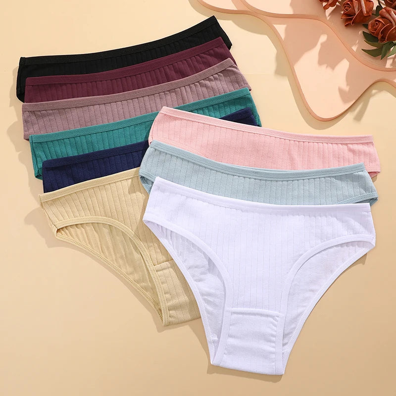 FINETOO 3PCS/SET Women's Cotton Panties Soft Striped Underpants Sexy Solid Color Briefs Female Comfortable Stretch Lingerie M-XL