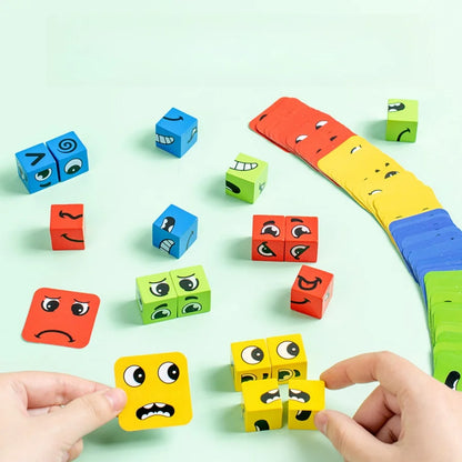 Kids Emotions Expression Game Wooden Cube Face Changing Board Cartoon Puzzle Toy Montessori Thinking Challenge Games