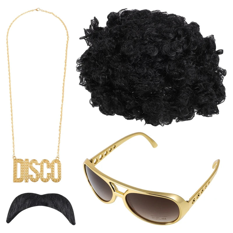 Men Hippie Costume Set Disco Costume Accessories Women Disco Necklace Sunglasses Mustache Halloween Party Character Costumes
