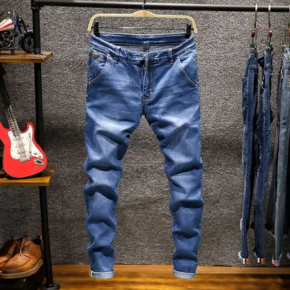 American Elastic Straight Jeans Men Ripped Worn-out Slim-fit Cotton Denim Pants Korean Style Fashion Blue Black Men's Clothing