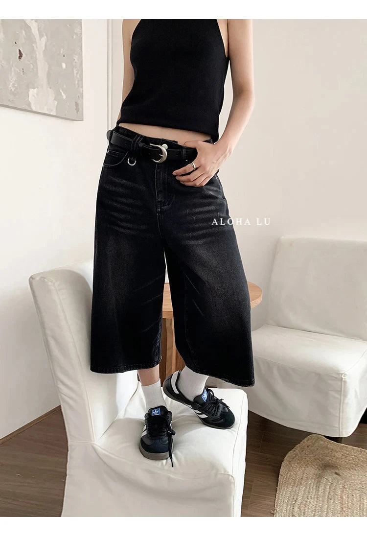 Harajuku Vintage High Waist Black Retro Washed Denim Shorts Women's Fashion Casual Loose Fit Y2K Streetwear Mid Long Short