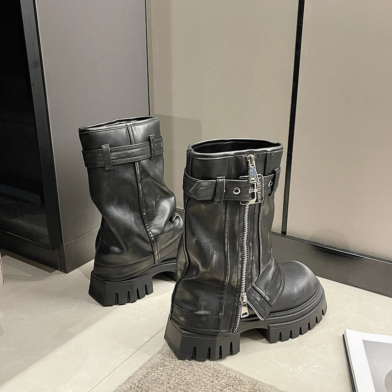 2023 New Shoes for Women Belt Buckle Women's Boots Fashion Side Zipp Modern Boots Women High Quality Round Toe Mid-Calf Zapatos