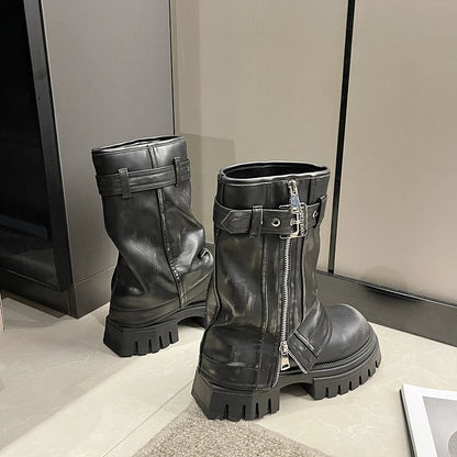 2023 New Shoes for Women Belt Buckle Women's Boots Fashion Side Zipp Modern Boots Women High Quality Round Toe Mid-Calf Zapatos