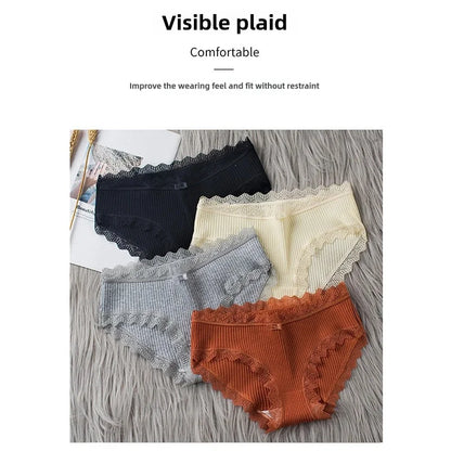 4 Pcs Lace Wavy Trim Bikini Panties, Comfy & Breathable Elastic Intimates Panties, Women's Lingerie & Underwear