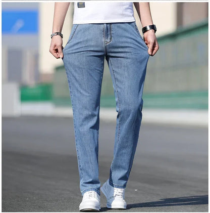 KUBRO 2024 Summer New Men's Loose Stretch Gray Jeans Fashion Casual Stretch Straight-leg Denim Pants Male Light Blue Brand