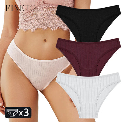 FINETOO 3PCS/SET Women's Cotton Panties Soft Striped Underpants Sexy Solid Color Briefs Female Comfortable Stretch Lingerie M-XL