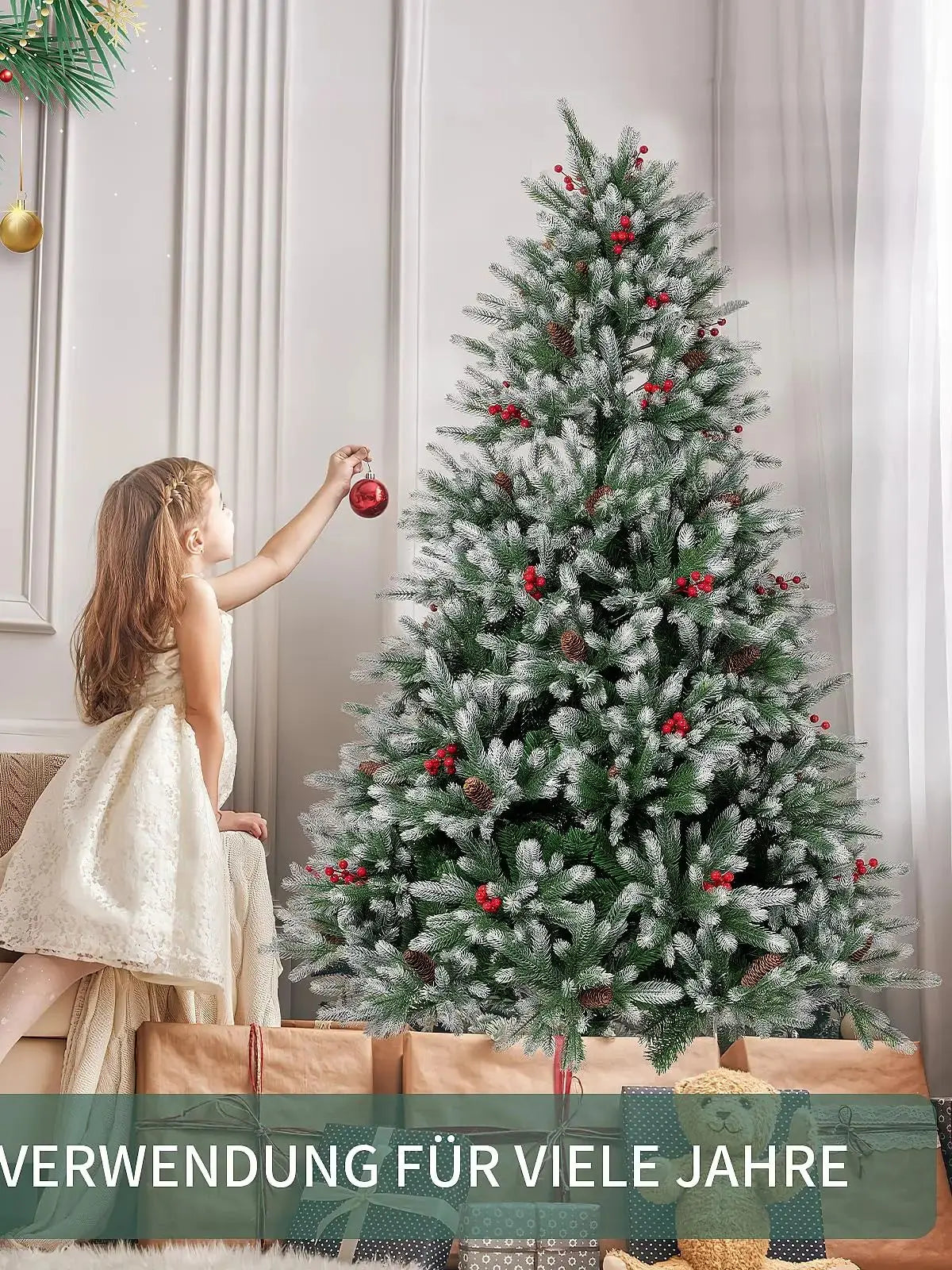 Artificial Christmas Tree 150 cm Densely Filled Branches Premium PE/PVC Christmas Tree with Pine Cones and Red Berries