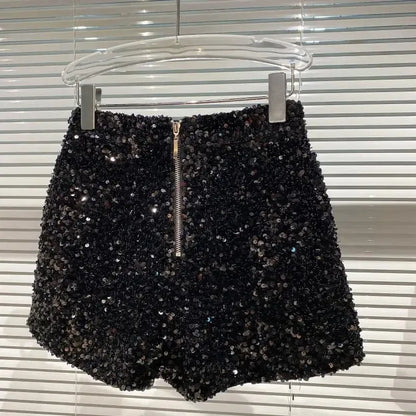New Autumn Black Velvet Shorts Women Sequined Shiny Versatile Short Pants Clubwear Shorts Hot Pants High Street