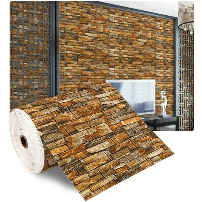 3D Wall Sticker 70cmx2m Continuous Retro Imitation Brick Wallpaper Self Adhesive Waterproof Wallcovering Living Room Wall Decor