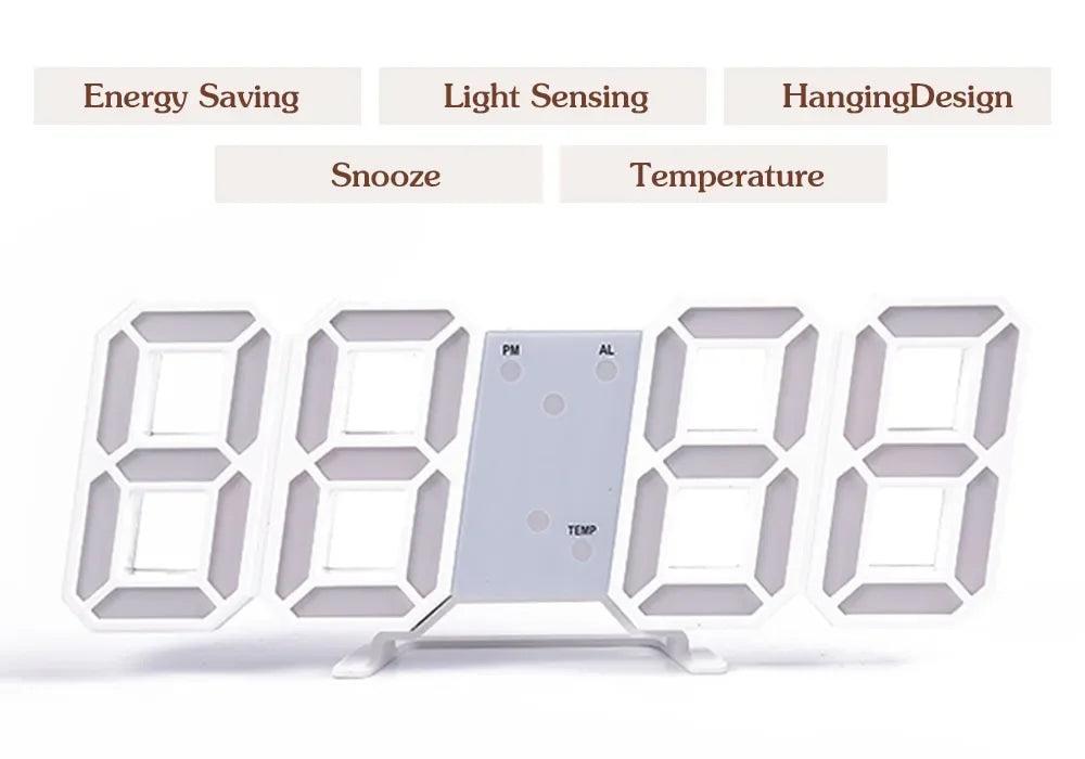 Wall Clock Digital Alarm Modern Kitchen Electronic Smart 3D USB Power Supply LED Time Date Temperature Display Desktop Bedroom