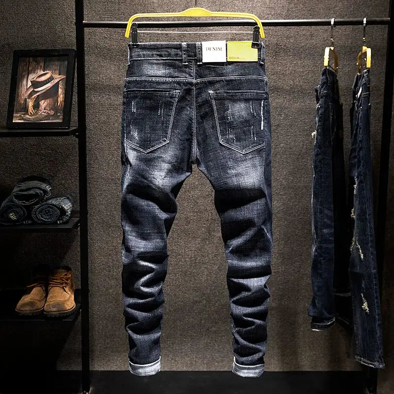 American Elastic Straight Jeans Men Ripped Worn-out Slim-fit Cotton Denim Pants Korean Style Fashion Blue Black Men's Clothing
