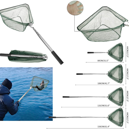 Fishing Landing Net Aluminum Alloy Durable Telescoping Extend to 190cm/130cm/55cm Folding Mesh Safe Fish Catching Releasing