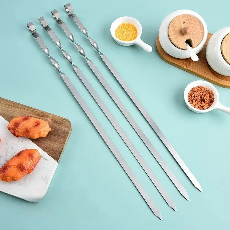 50cm 6Pcs BBQ Skewer Stainless Steel Wide Barbecue Sticks Flat BBQ Fork Outdoor Camping Picnic BBQ Utensil Kitchen Accessories