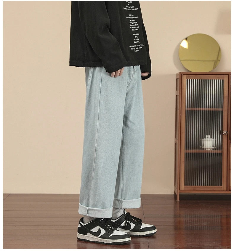 2023 New Korean Fashion Men's Casual Ankle-Length Jeans Classic Man Straight Denim Wide-leg Pants Light Blue Grey Black 3XL