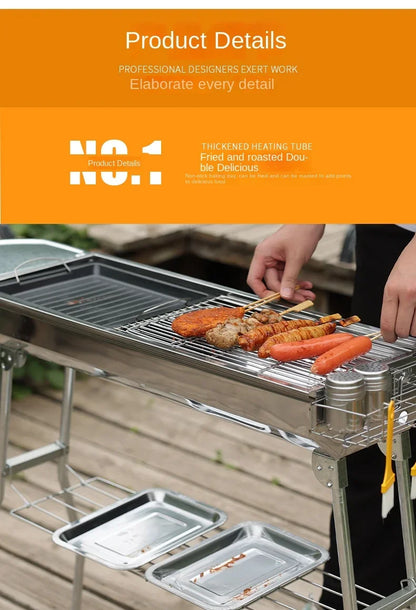 Outdoor Stainless Steel Charcoal Grill Large Size Barbecue Tool Portable Free Installation Handle Folding BBQ Cooking