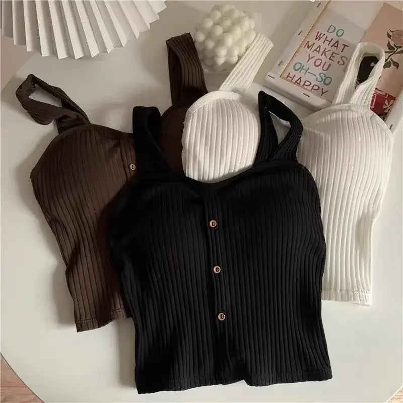 2025 Women's Y2K Cropped Tops with Bra Pads Summer Corset Korean Suspenders Vest Sexy Camisole Slim New