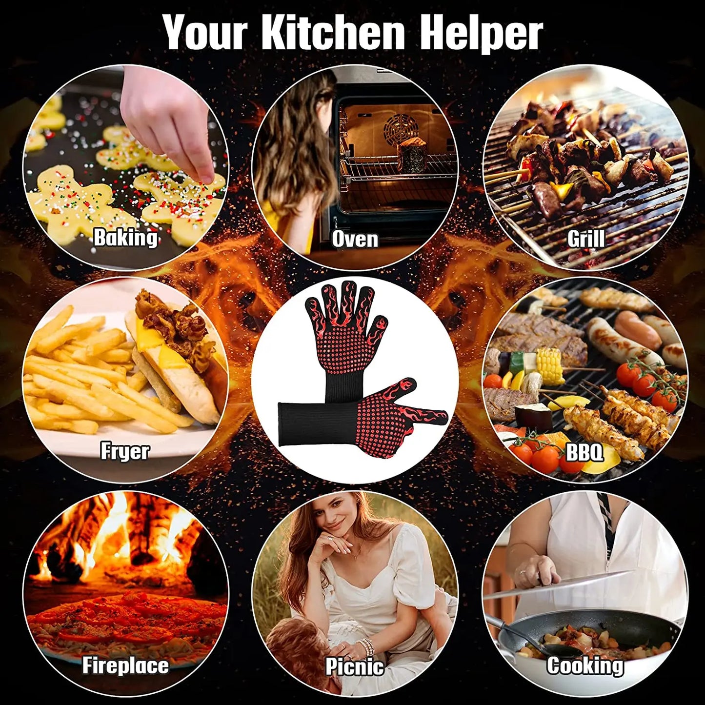 BBQ Gloves Silicone Heat-Resistant Glove Kitchen Microwave Oven Mitts 500 800 Degree Fireproof And Non-Slip Barbecue Gloves