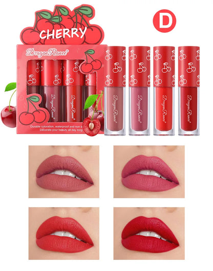 Mini Velvet Matte Lip Gloss Set, 4-Piece Non-Fading, Non-Stick Cup, Long-Lasting Fruit Scented Lip Tint, Smooth and Lightweight