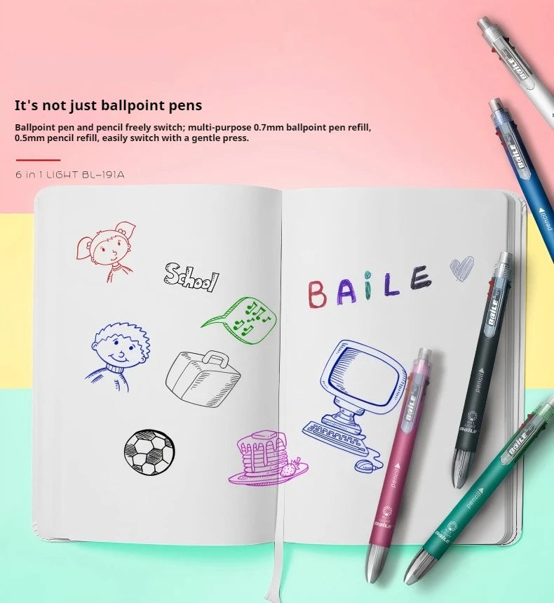 5-Color 0.7mm Ballpoint Pen And 0.5mm Automatic Pencil 6-in-1 Set Creative Writing Office And School Tool