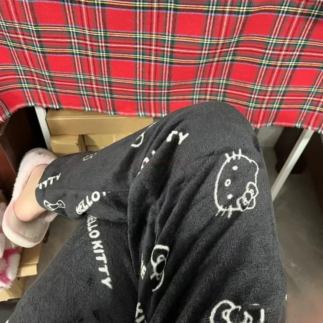 2024 Sanrio Hello Kitty Pajamas Halloween Flannel Fashion Trouserswomen Kawaii Woolen Anime Cartoon Casual Home Pants Autumn