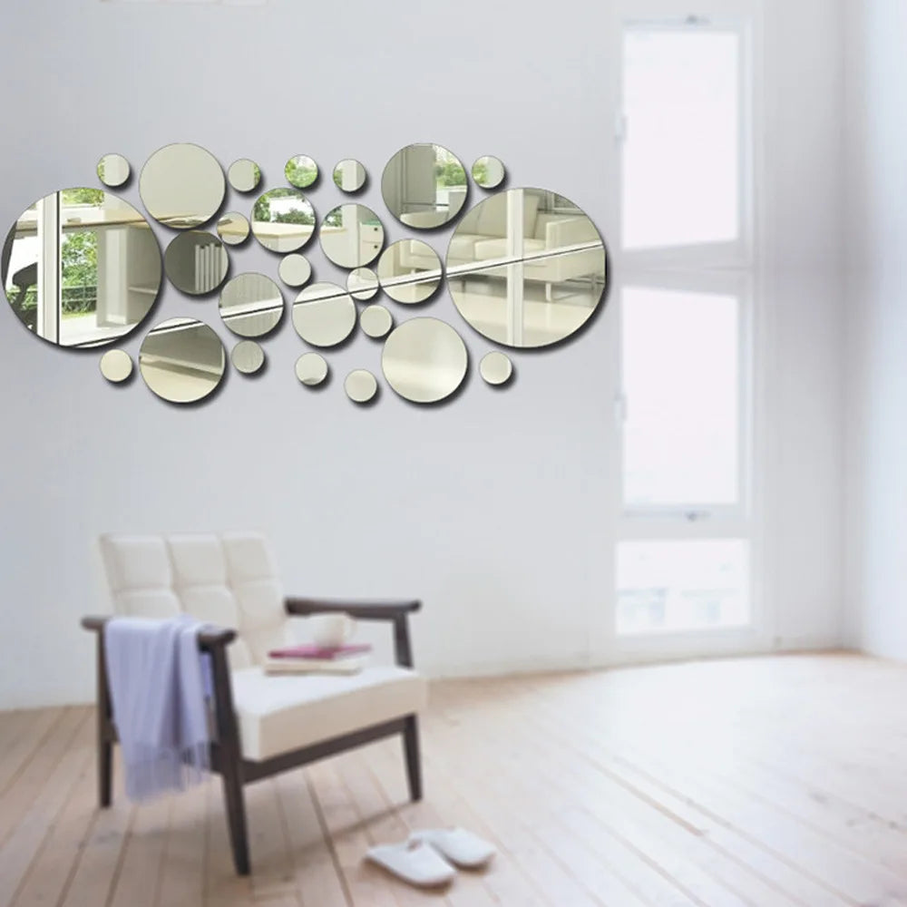 26PCs 3D Acrylic Mirror Wall Stickers Set round Adhesive Reflective Decorative Panel for Living Room Bedroom TV Background Decor
