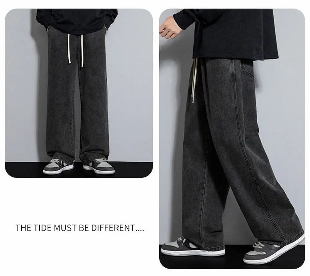 Dragging Streetwear Loose Jeans Men Korean Style Fashion Loose Straight Wide Leg Pant Men's Brand Clothing Black Light Blue Grey