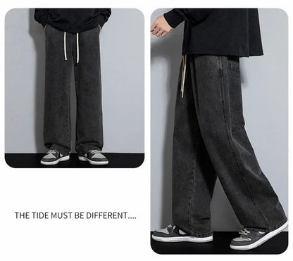 Dragging Streetwear Loose Jeans Men Korean Style Fashion Loose Straight Wide Leg Pant Men's Brand Clothing Black Light Blue Grey